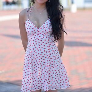 Express Mini Cream Sundress with Red Heart Pattern  Soft Lined Flirty Size 12